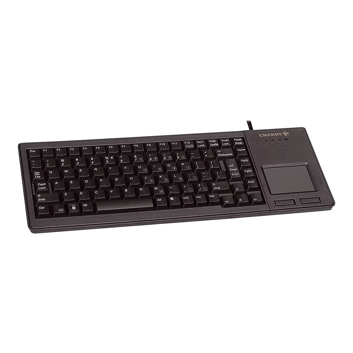 Schwarze Cherry-Tastatur mit integriertem Touchpad. Buchstaben und Symbole in Weiß.