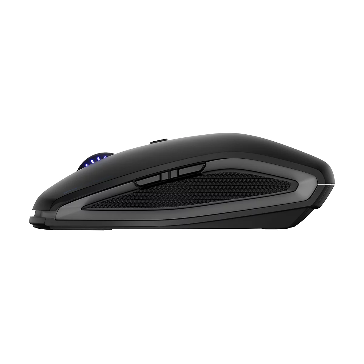Souris de jeu noire de profil, LED bleues, trois boutons latéraux. Inscription : "GENTIX-SC High Precision".