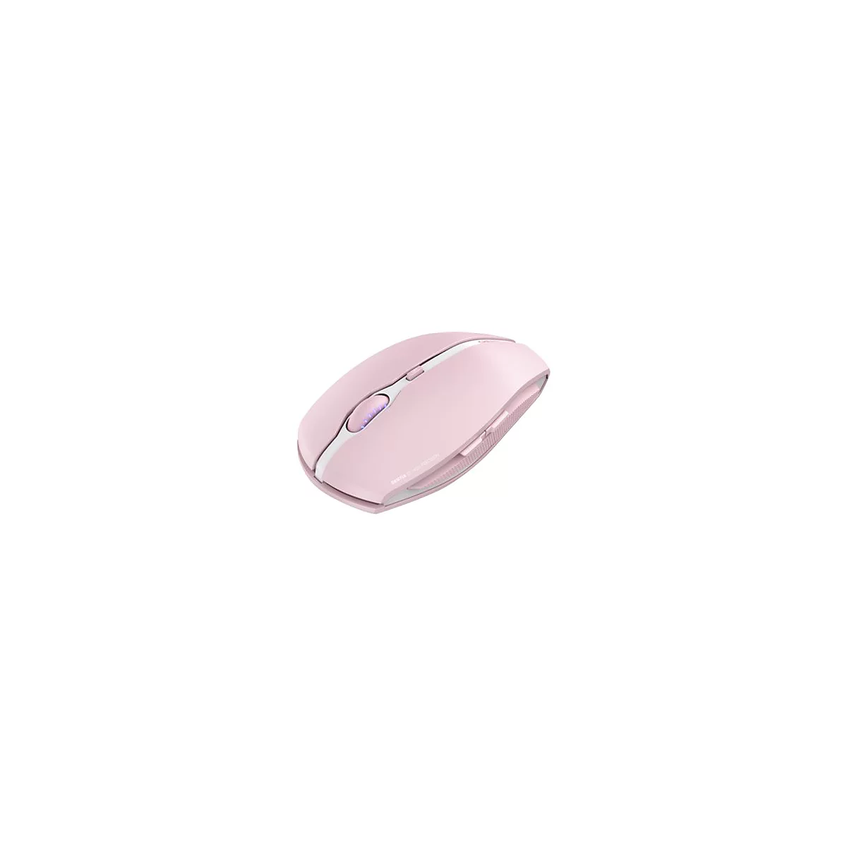 Souris rose clair avec des accents blancs. Molette et boutons latéraux. Inscription : "GENTEC ECOH PRECISION".