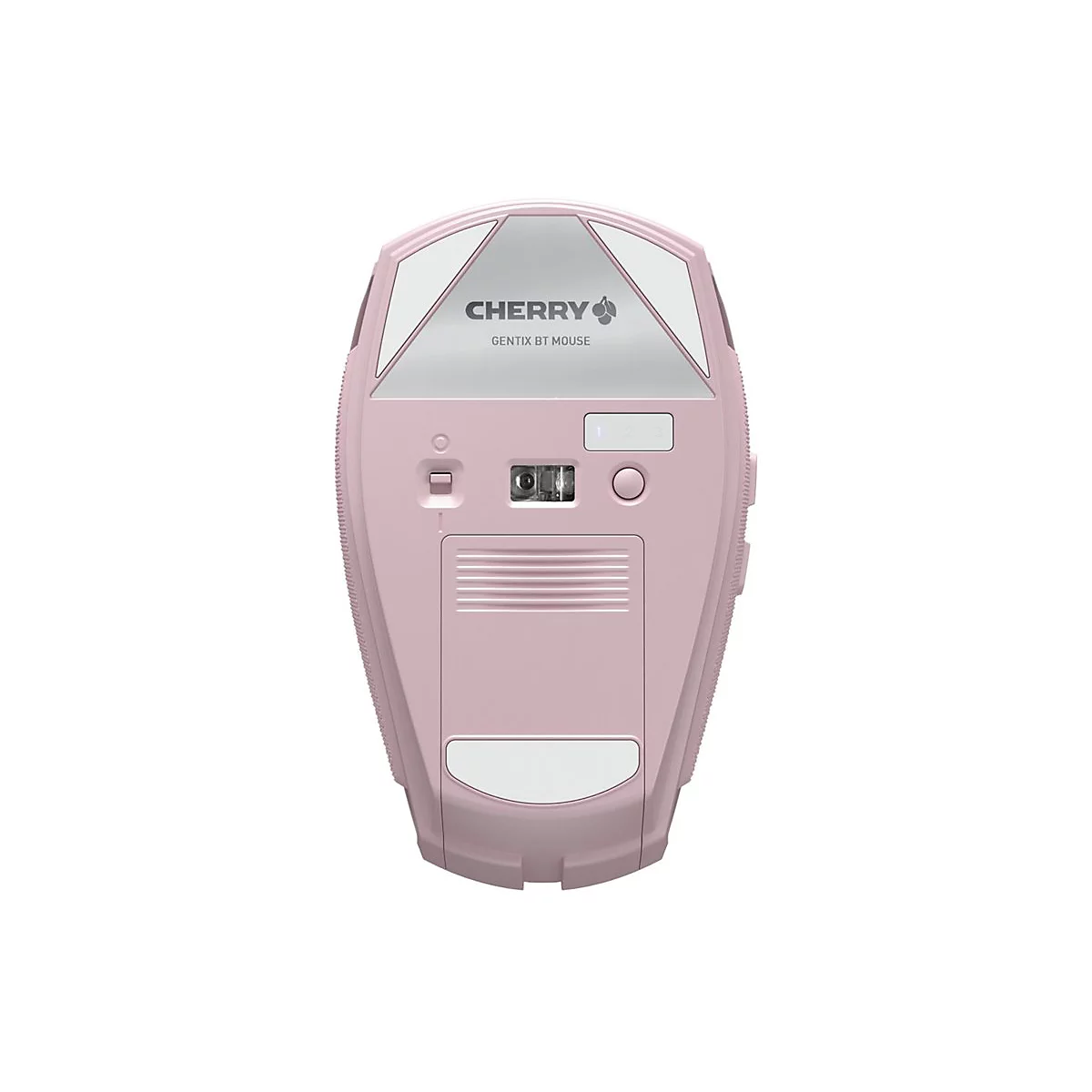 Vue de dessus d'une souris rose. Inscription : Cherry Gentix BT Mouse. Avec curseur Bluetooth.