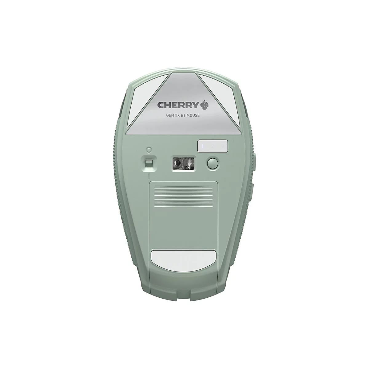 Hellgrüne kabellose Maus von unten. Oben steht 'CHERRY'.