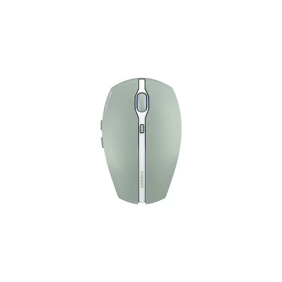 Hellgrüne Maus mit weißen Akzenten. Oben: Scrollrad, DPI-Taste. Marke: CHERRY. Auf weißem Hintergrund.