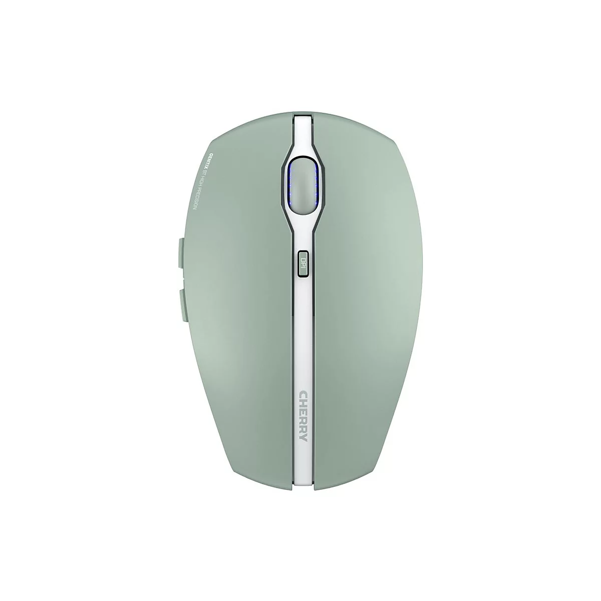 Hellgrüne kabellose Maus mit weißen Akzenten. Oben mittig ein Scrollrad, darunter DPI-Knopf. Rechts der Schriftzug CHERRY.