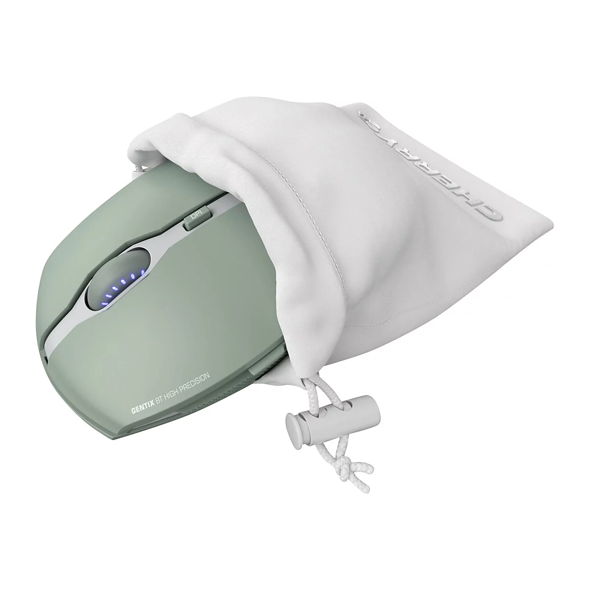 Hellgrüne kabellose Maus in weißem Beutel, Knopf mit DPI-Einstellung, Logo "GENTIX BT HIGH PRECISION".