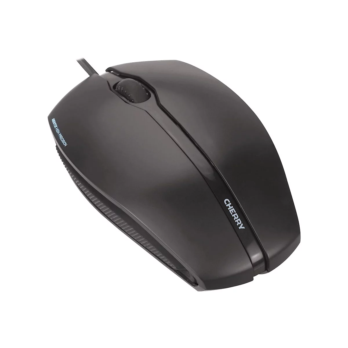 Souris d'ordinateur noire avec lettrage latéral. Molette de défilement sur le dessus, fabricant Cherry.