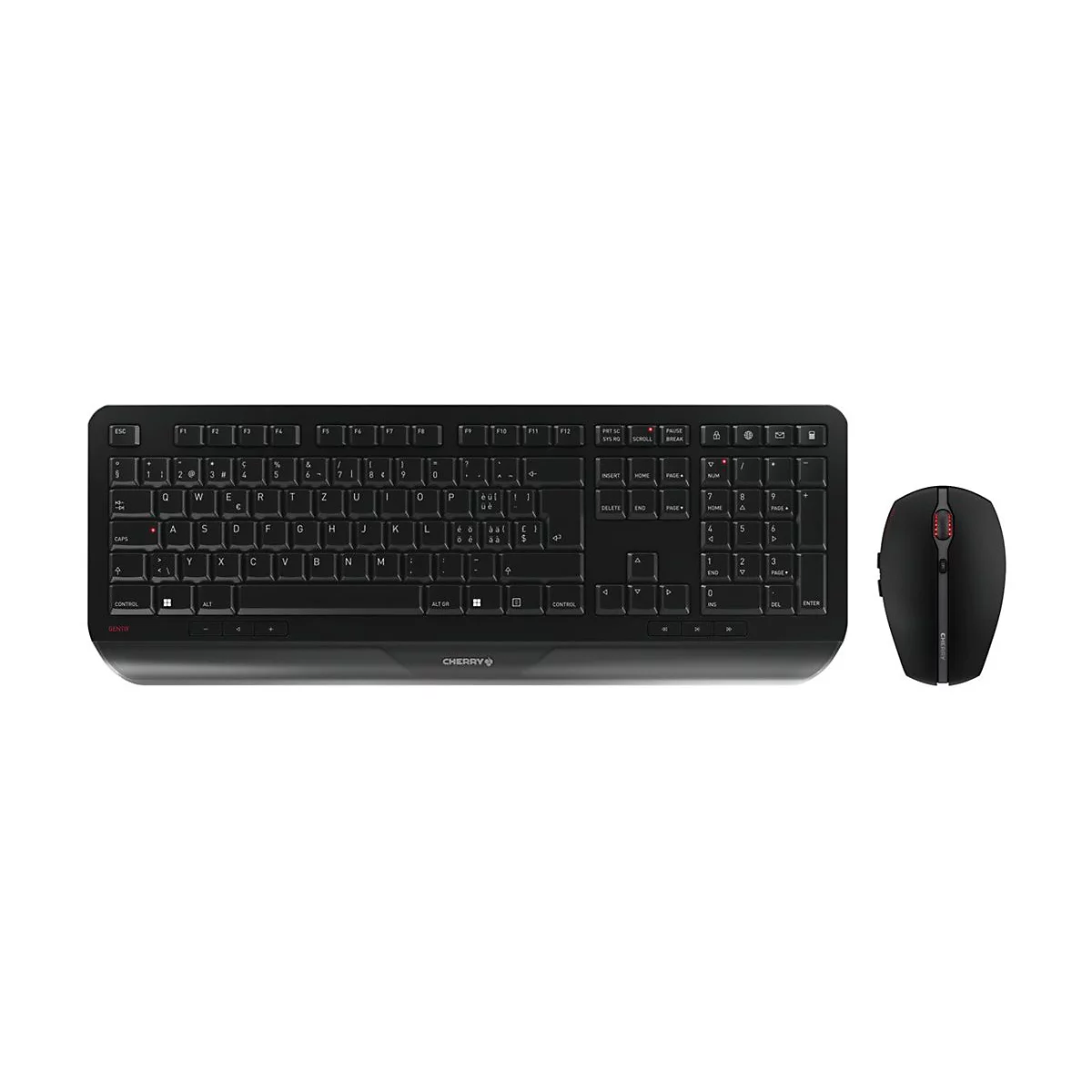 Clavier et souris noirs. Le clavier est en disposition allemande, avec le logo 'CHERRY' en bas. La souris a des accents rouges.