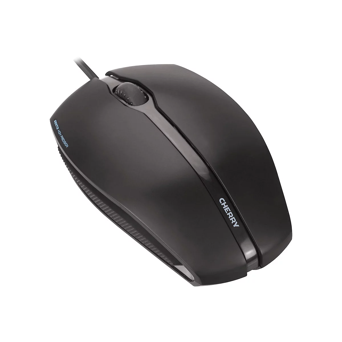 Schwarze Computermaus mit Kabel, Scrollrad und CHERRY-Schriftzug.