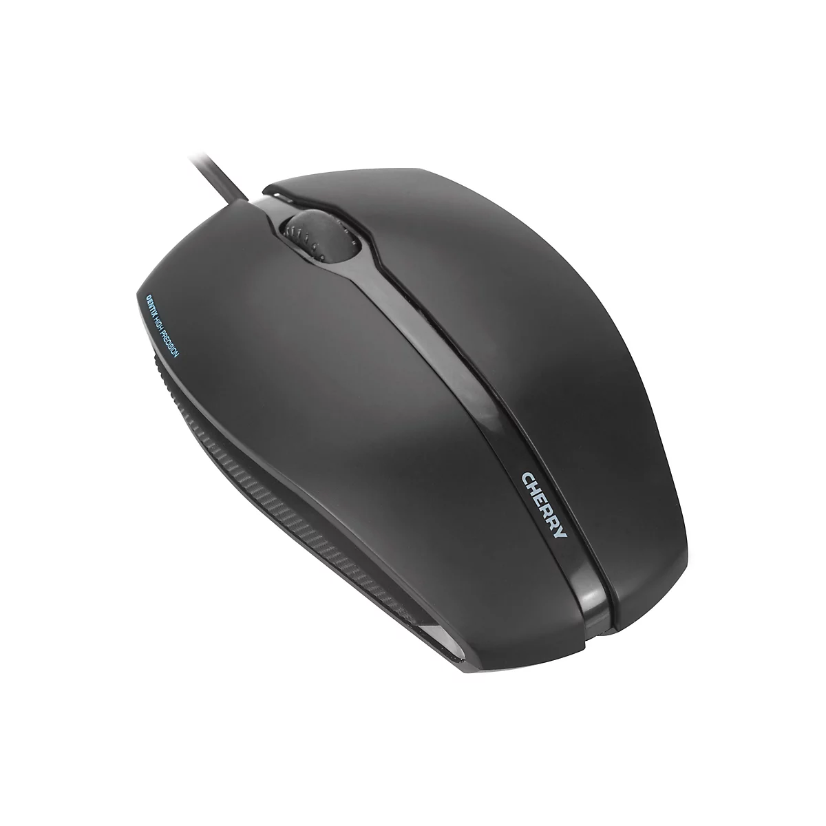 Schwarze Maus, perspektivisch fotografiert. Oben ist ein Kabel zu sehen. Auf der Maus steht "CHERRY".