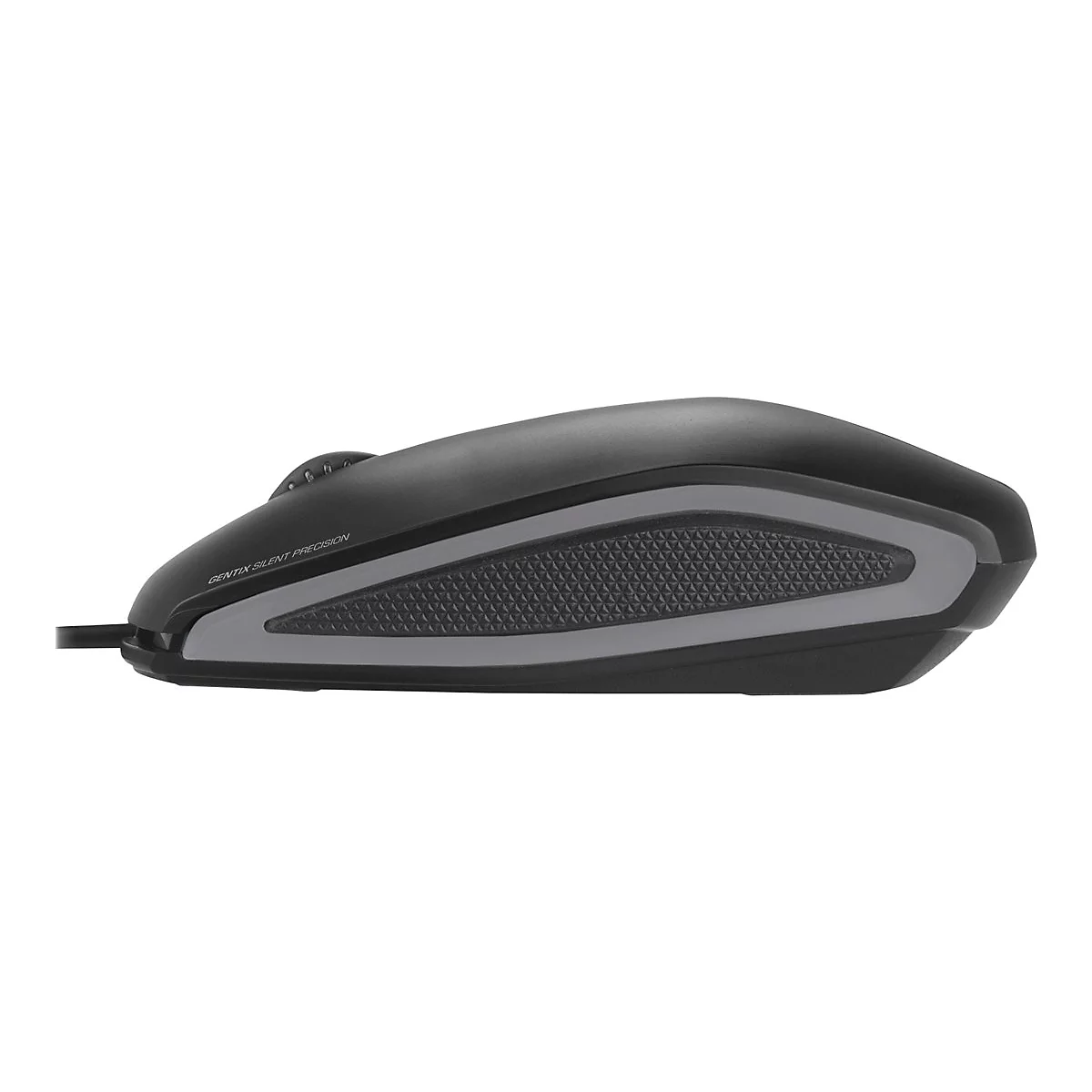 Souris d'ordinateur noire avec des accents gris. Inscription : Gentix Silent Precision. Elle est sur fond blanc.