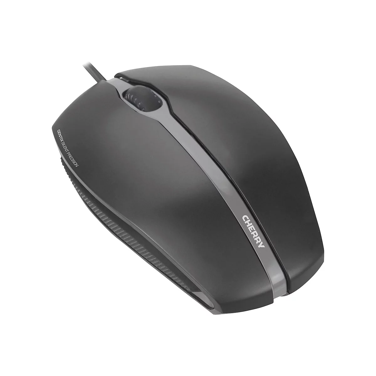 Souris d'ordinateur noire avec le logo Cherry. Inscription : Gentix Silent Precision.