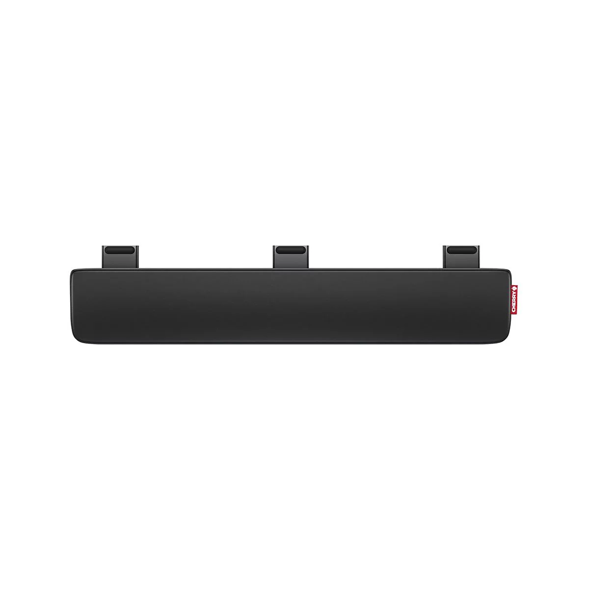 Repose-poignet noir avec trois supports. Le logo Cherry est en rouge sur le bord droit.