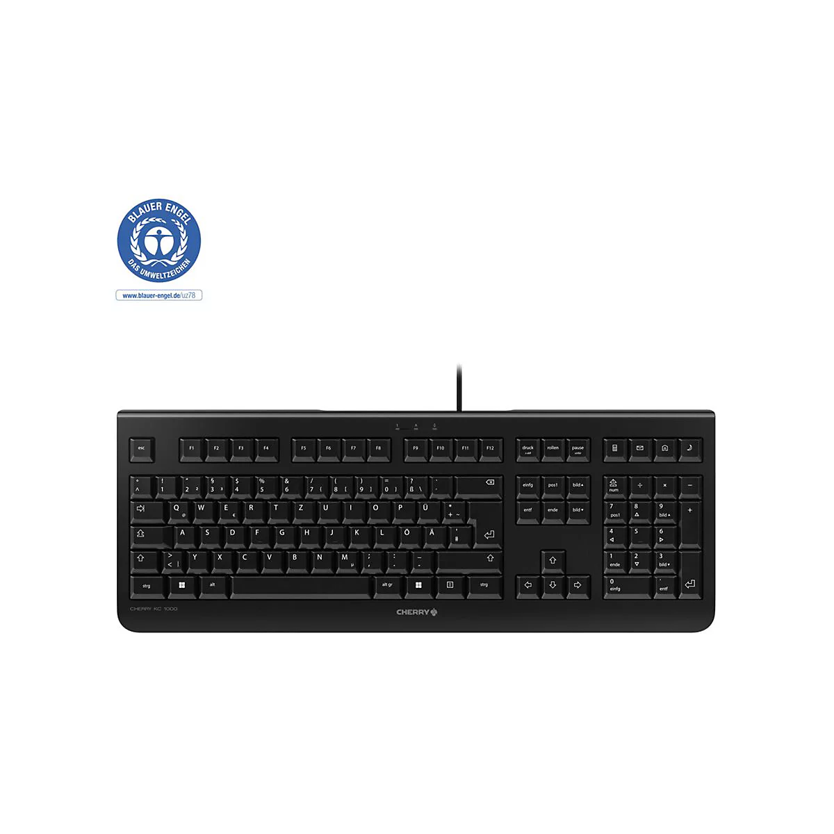 Clavier Cherry noir sur fond blanc. Le label Ange Bleu est en haut à gauche. Les étiquettes des touches sont clairement visibles.