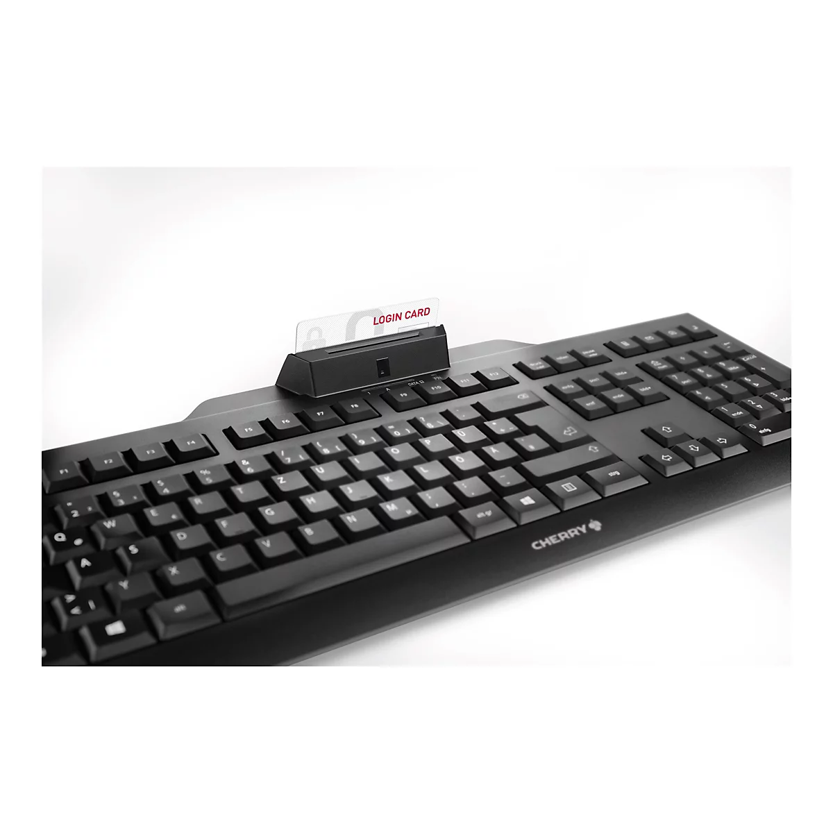 Schwarze Tastatur mit Login-Kartenleser, Karte mit Aufschrift LOGIN CARD.