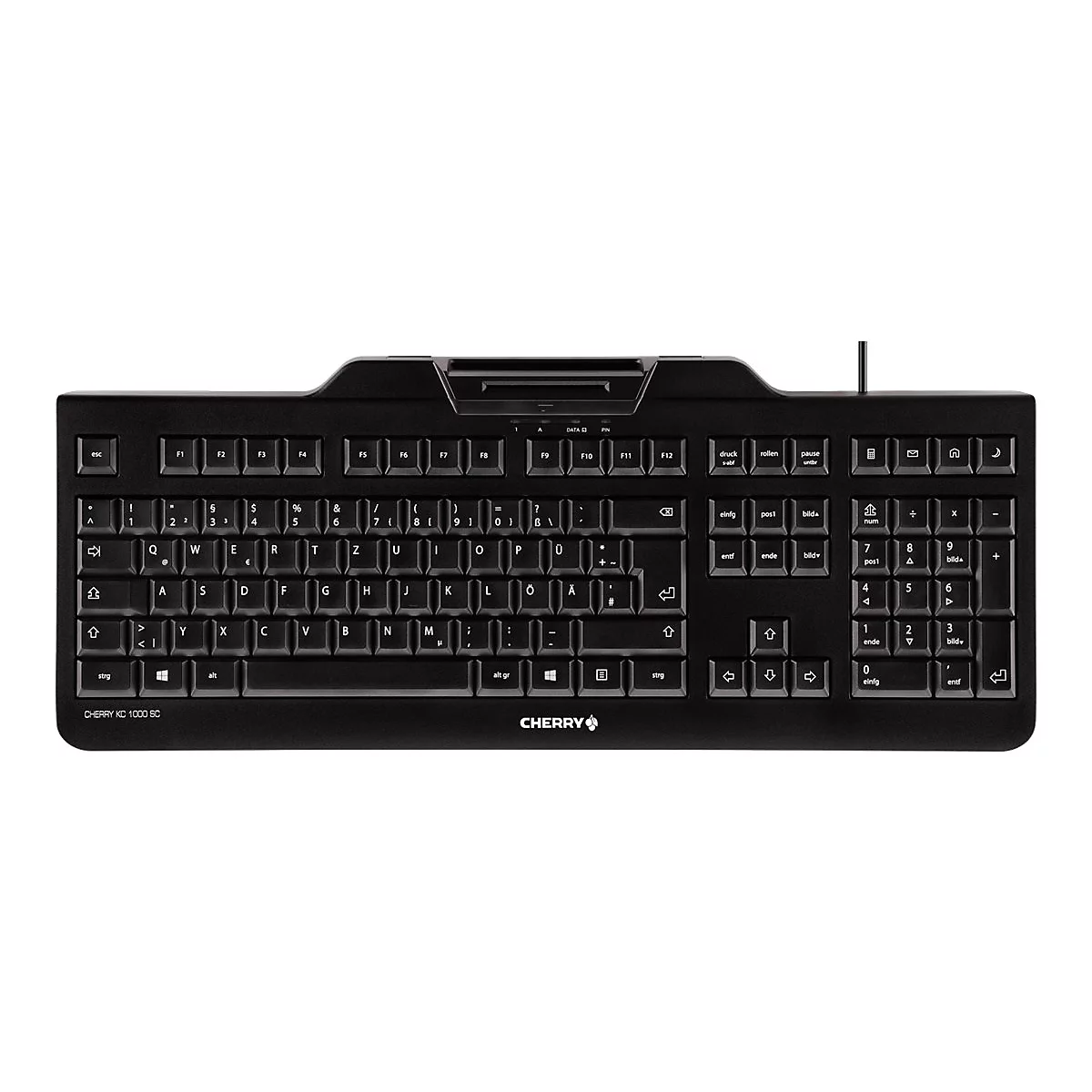 Schwarze Tastatur mit weiÃŸen Tasten. Auf der Tastatur steht CHERRY.