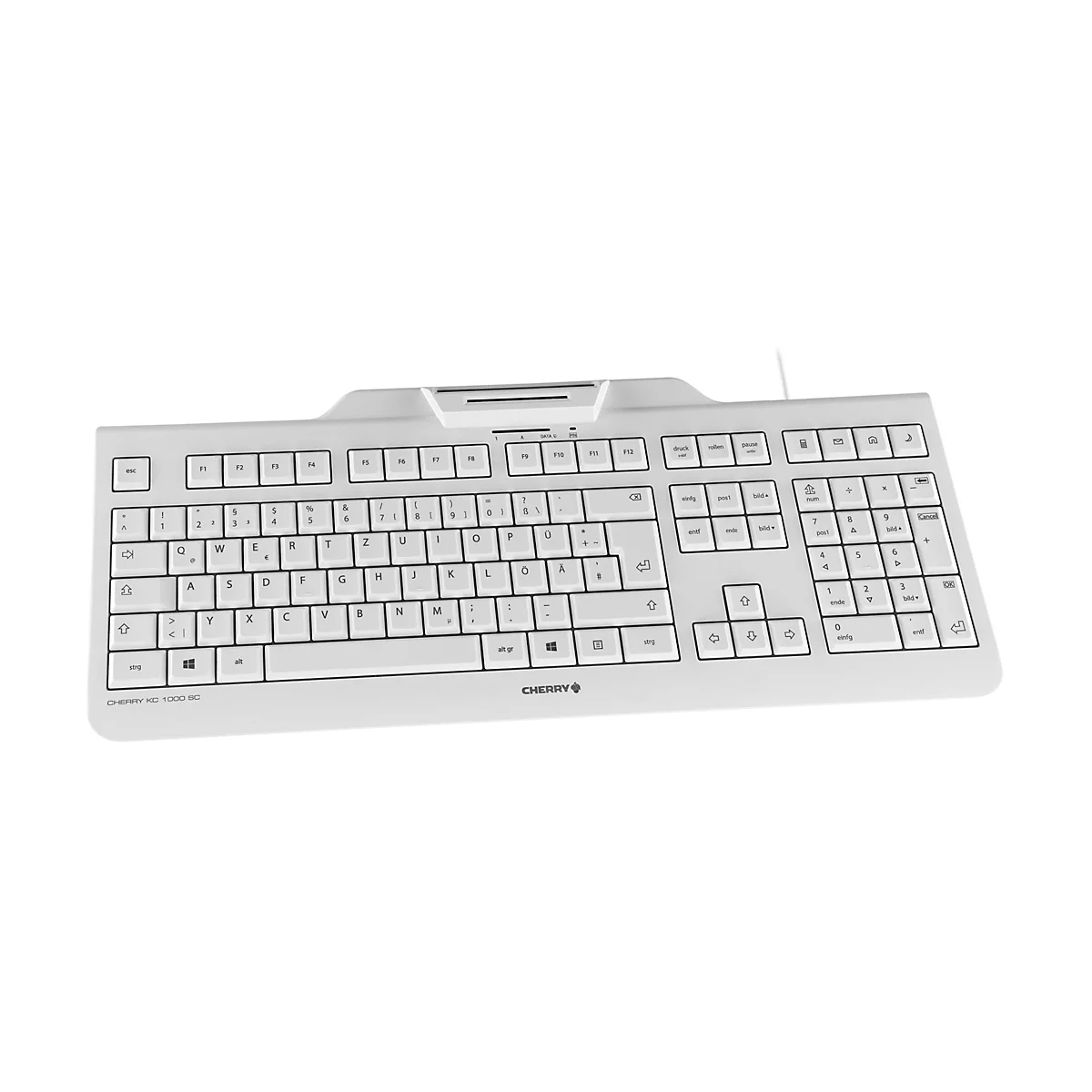 Hellgraue Computertastatur mit weiÃŸen Tasten. Das Logo der Marke Cherry ist sichtbar.