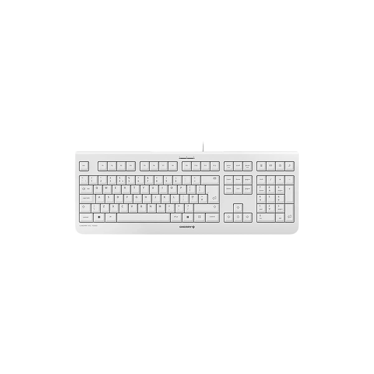 Weisse Computertastatur mit allen Tasten und Kabel, Herstellerlogo: Cherry.