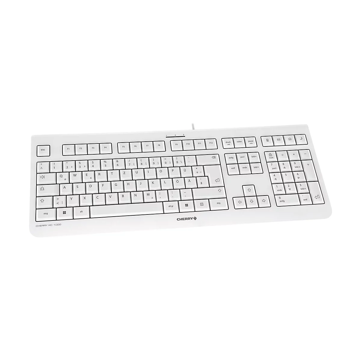 Weisse Tastatur mit schwarzen Tasten. Aufschrift CHERRY und Modellbezeichnung.