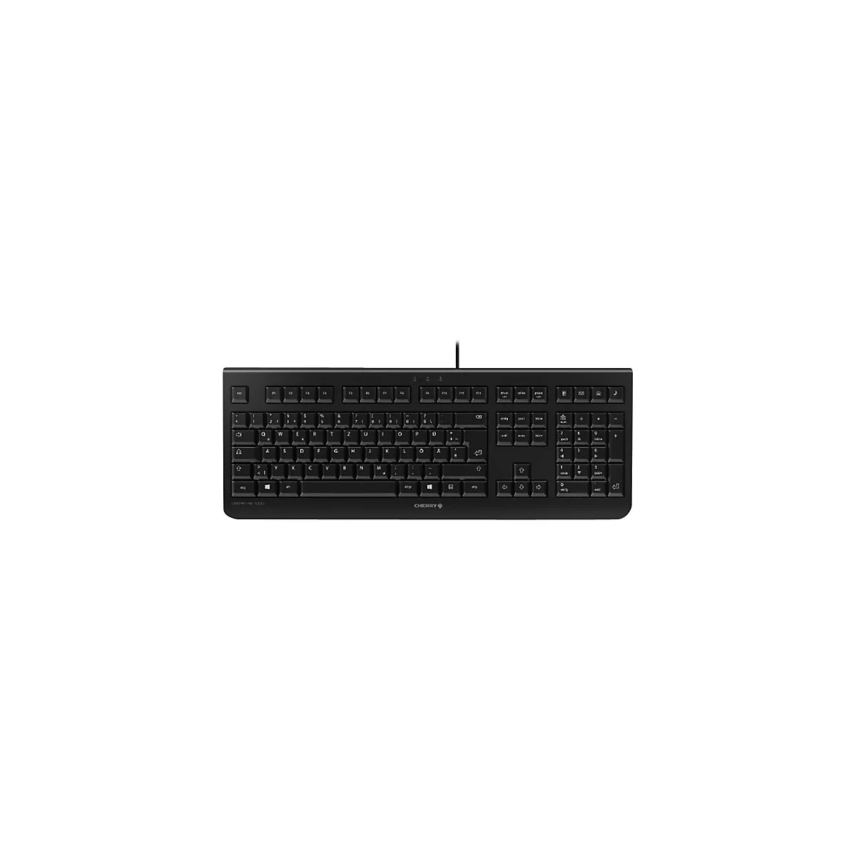Schwarze Tastatur, Tastenbeschriftung in WeiÃŸ, Kabelanschluss. Logo 'Cherry' unten rechts.