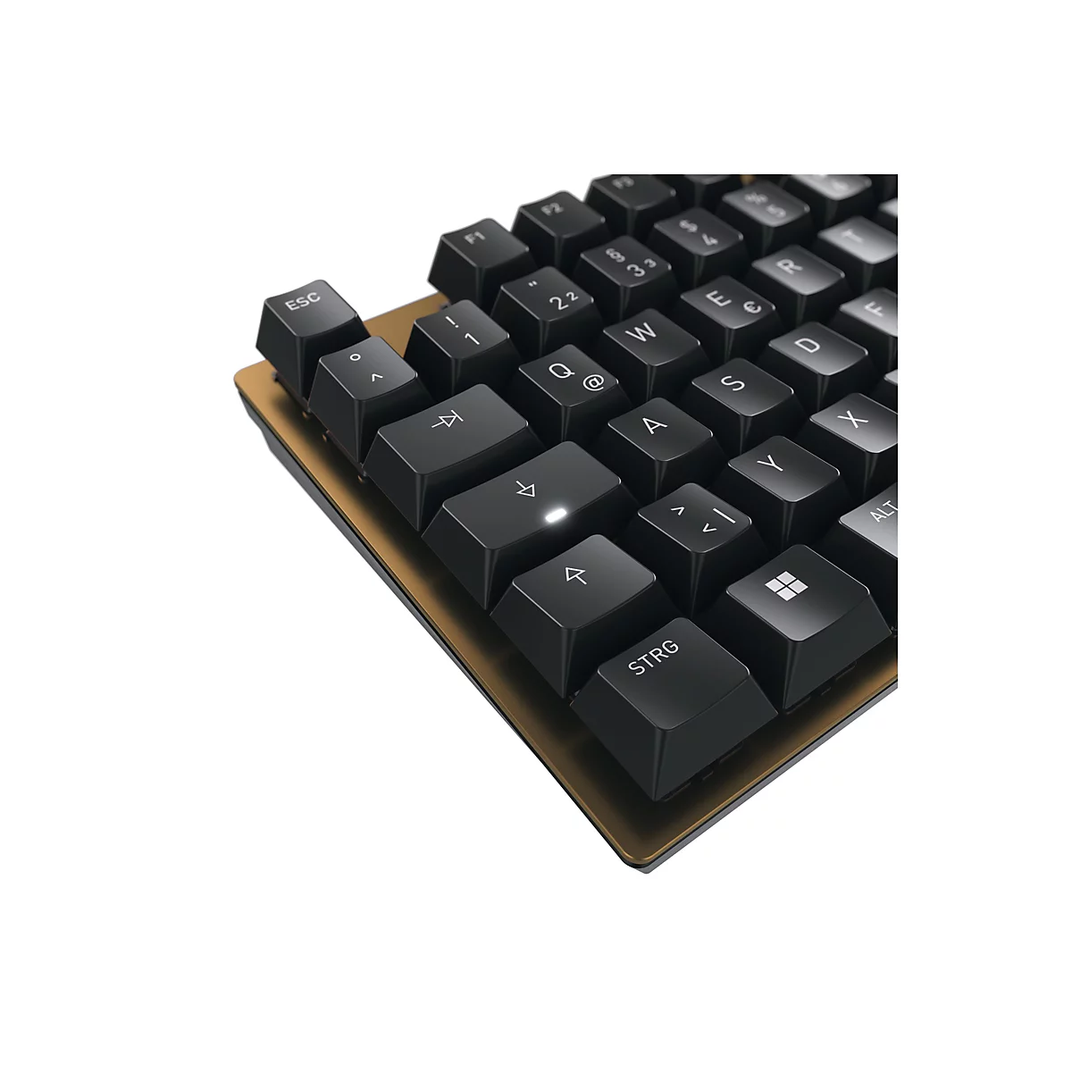 Nahaufnahme einer schwarzen mechanischen Tastatur mit goldenem Rahmen. Einige Tasten sind beschriftet: ESC, STRG, Pfeiltasten, Buchstaben und Zahlen.