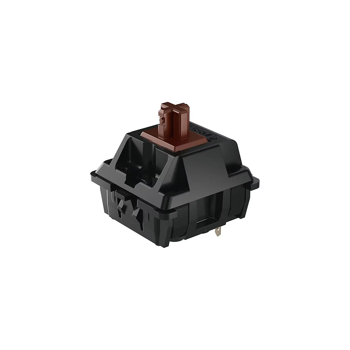 Nahaufnahme eines schwarzen mechanischen Tastaturschalters mit braunem Schaft.