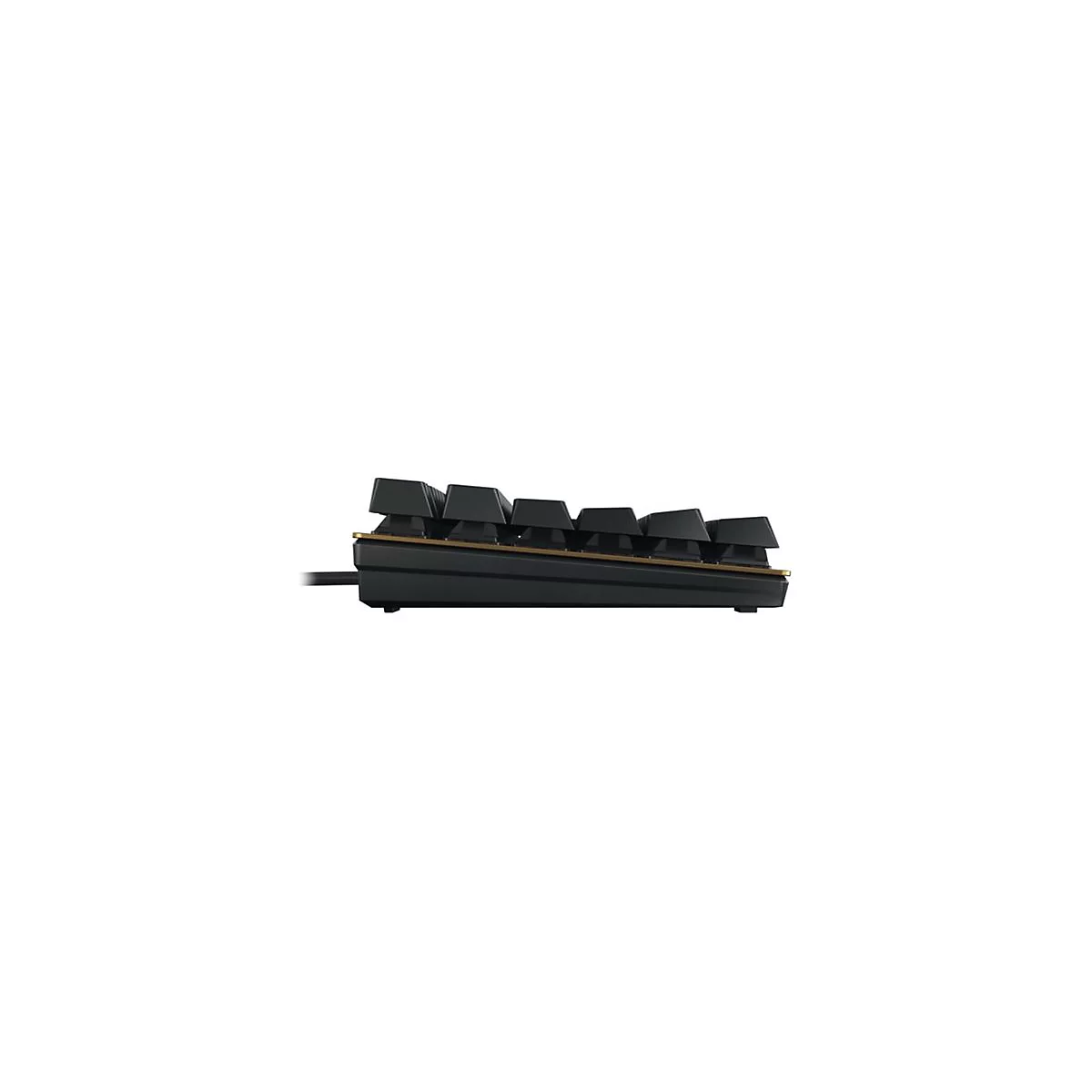 Schwarze Tastatur von der Seite, goldfarbener Rahmen, Kabelanschluss links.