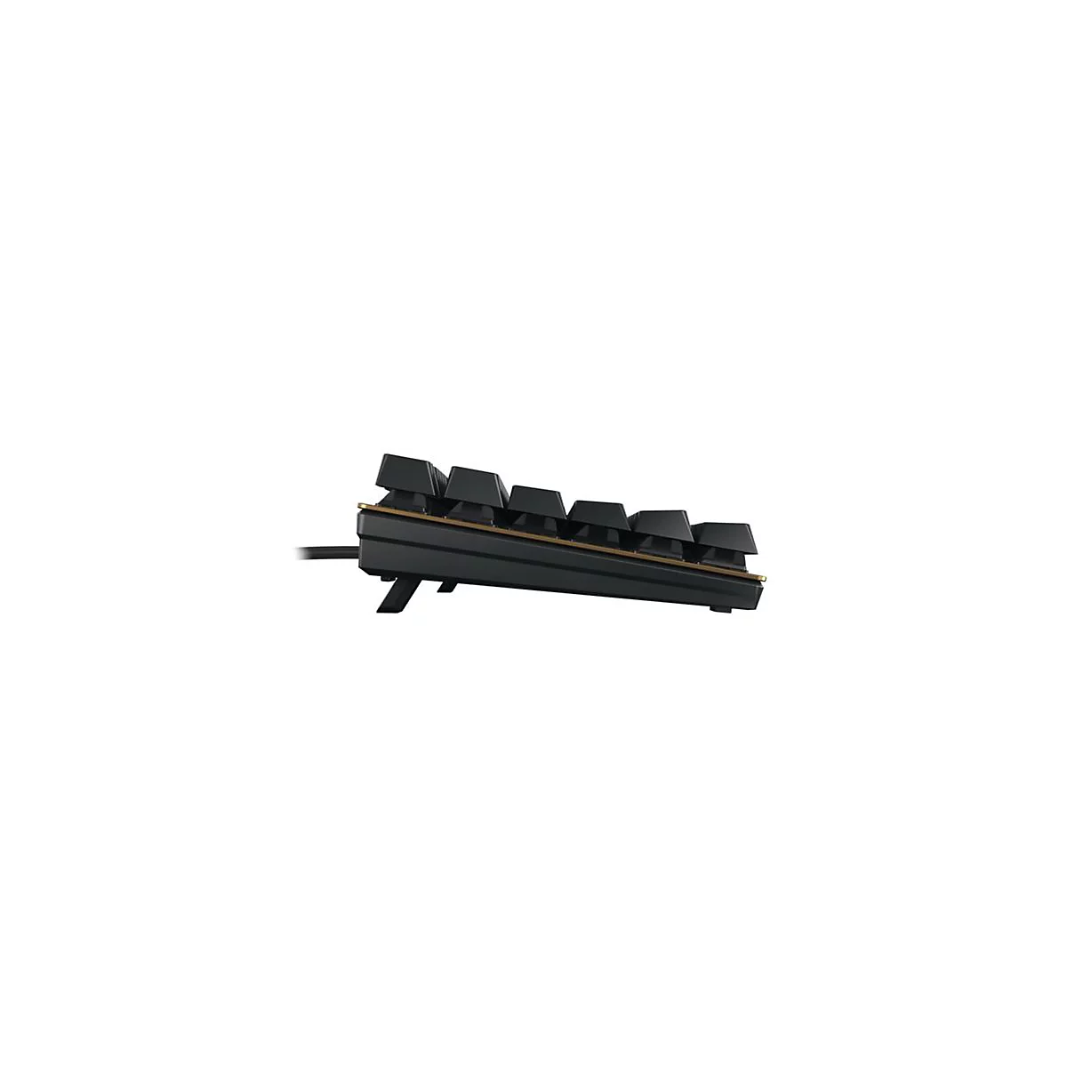 Seitenansicht einer schwarzen mechanischen Tastatur mit goldenen Akzenten und hochgestellten Füßen.