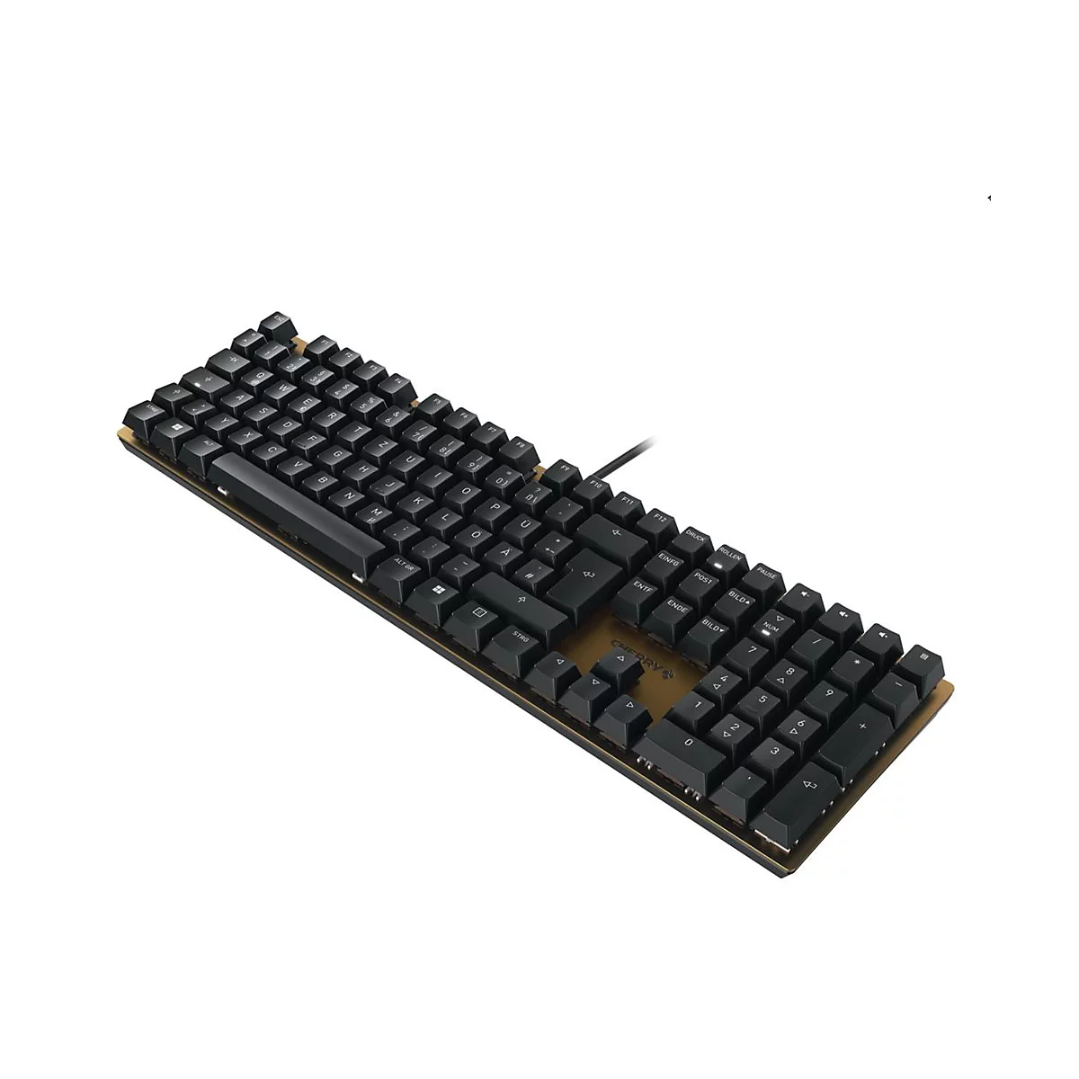 Schwarze Tastatur mit goldfarbenem Rahmen und Kabel. Buchstaben und Symbole sind weiß. Links unten steht CHERRY.