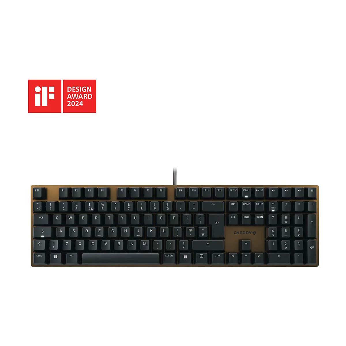 Draufsicht auf eine braune mechanische Tastatur mit schwarzen Tasten, einem iF Design Award Logo und der Aufschrift "DESIGN AWARD 2024".