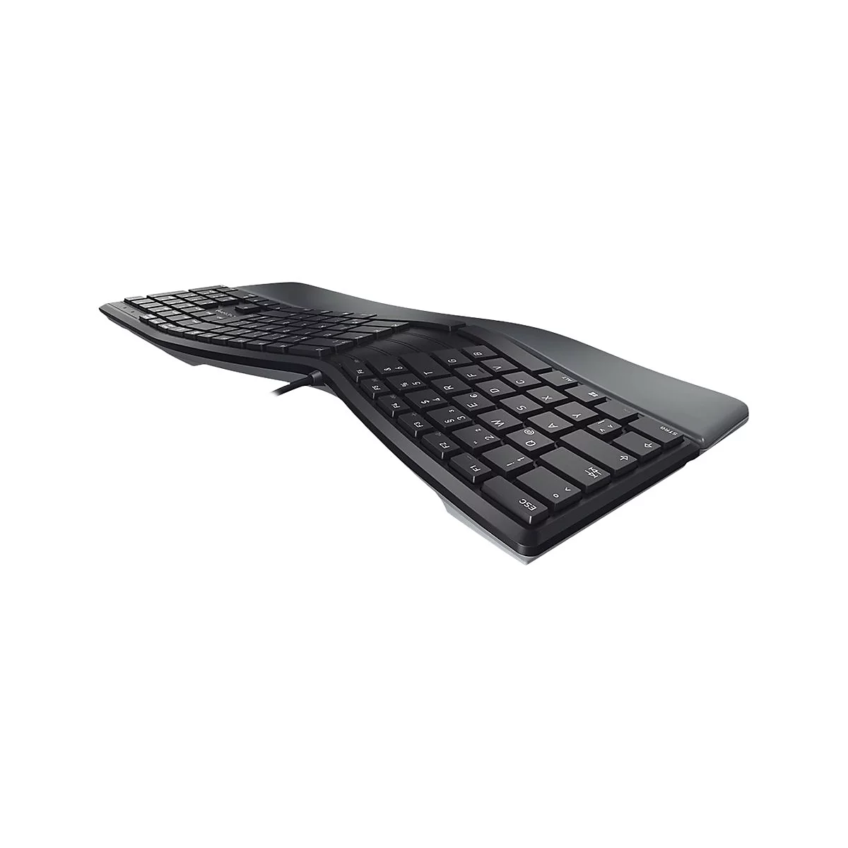 Clavier ergonomique noir ; forme incurvée avec touches séparées, repose-poignet.