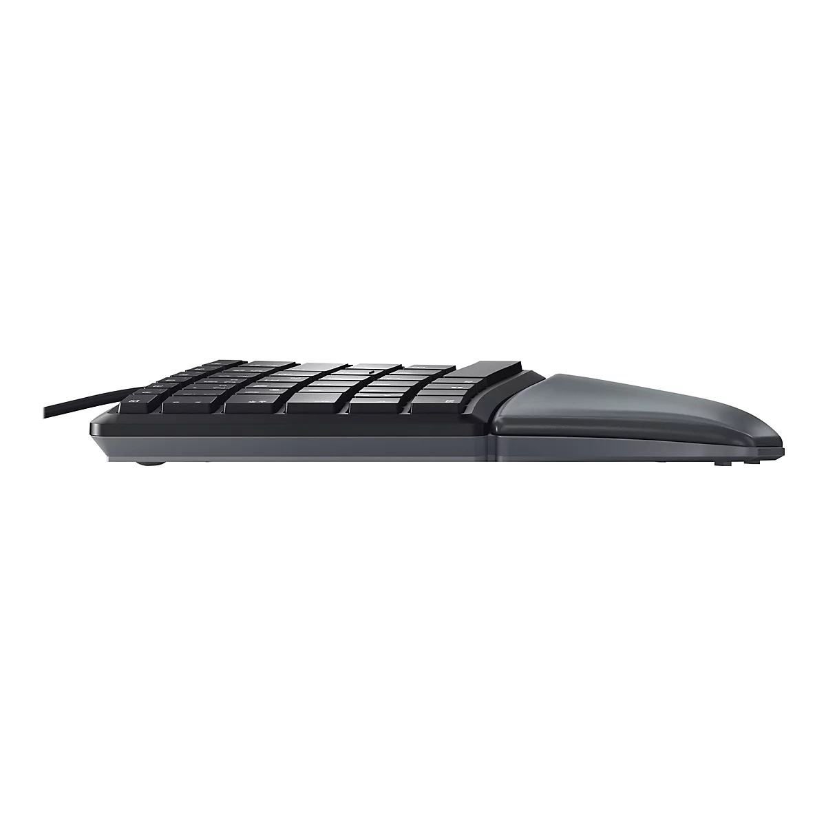 Schwarze ergonomische Tastatur im Seitenprofil, Kabelanschluss links.