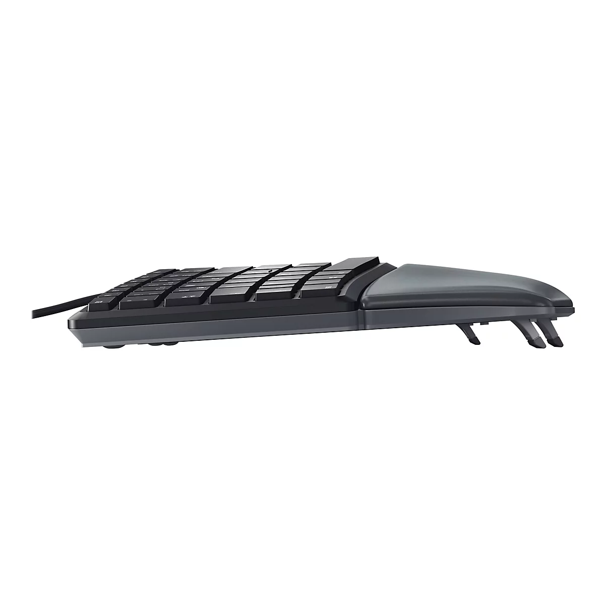 Schwarze, ergonomische Tastatur, seitlich gesehen. Sie hat gebogene Tasten und eine Handauflage. Ein Kabel ist sichtbar.