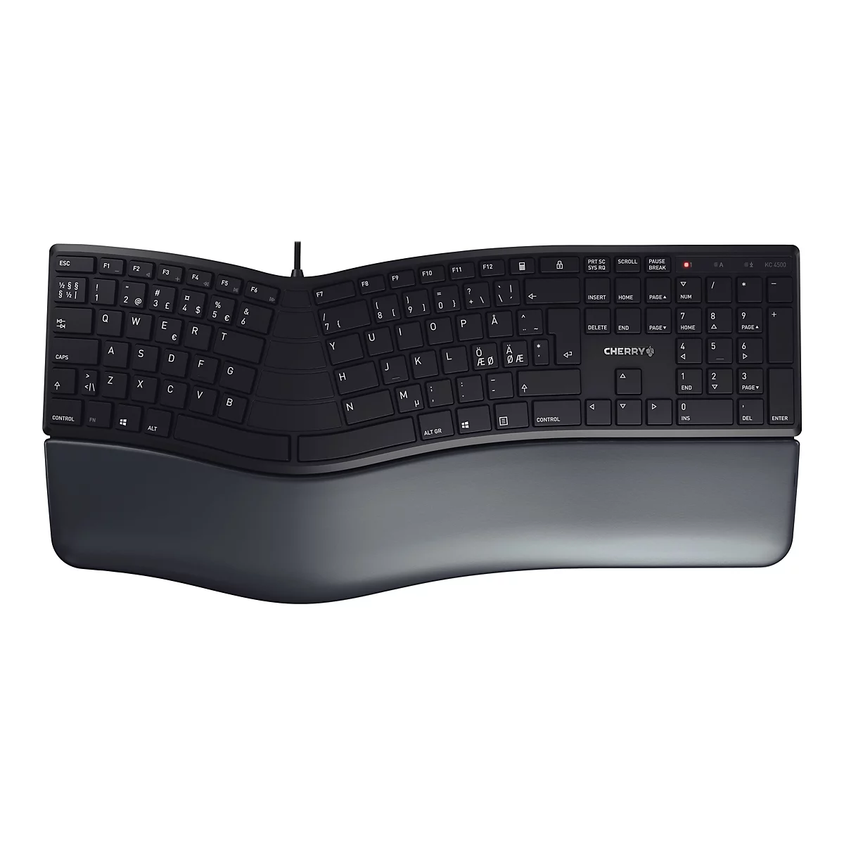 Ergonomische Tastatur in Schwarz mit Handauflage. Die Tasten sind hell beschriftet. Das Cherry Logo ist zu sehen.