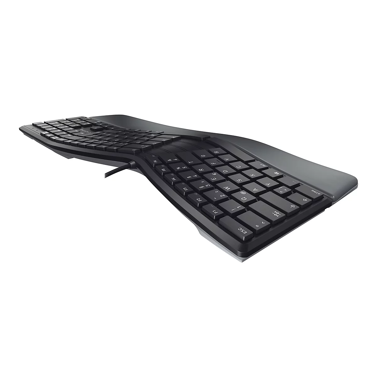 Ergonomische, schwarze Tastatur, gebogen mit geteilten Tasten, Kabelanschluss. Der Hintergrund ist weiss.