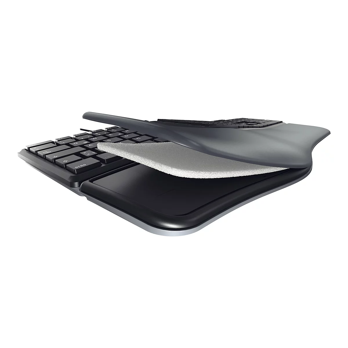 Schwarze Tastatur mit gepolsterter Handballenauflage.