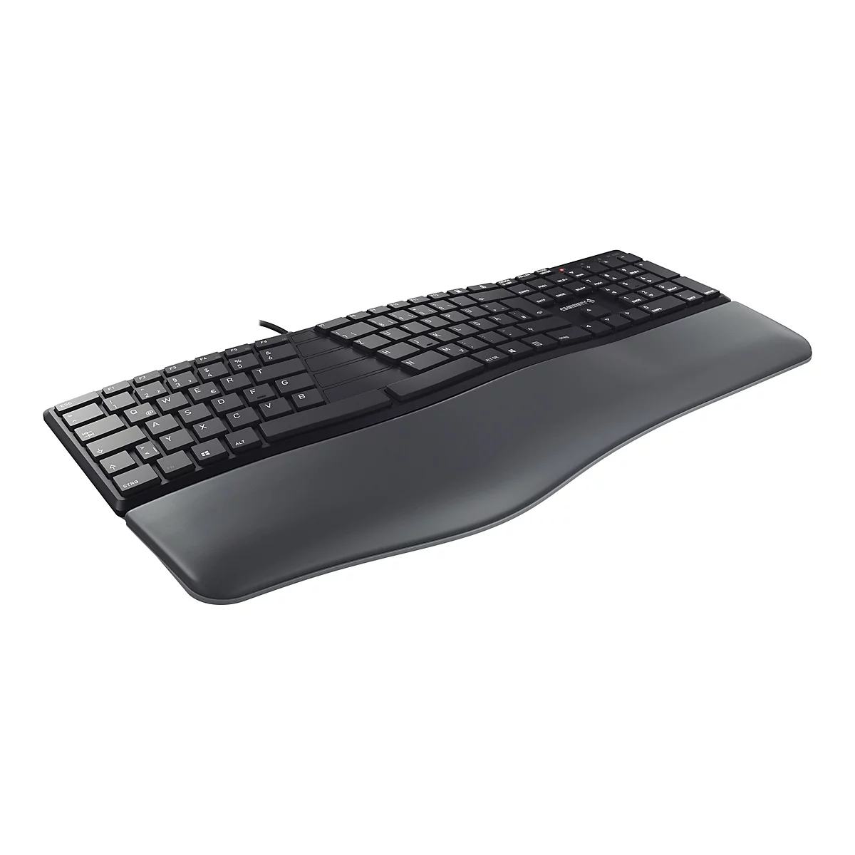 Schwarze ergonomische Tastatur mit Handauflage. Die Tasten sind dunkel, das GehÃ¤use grau.