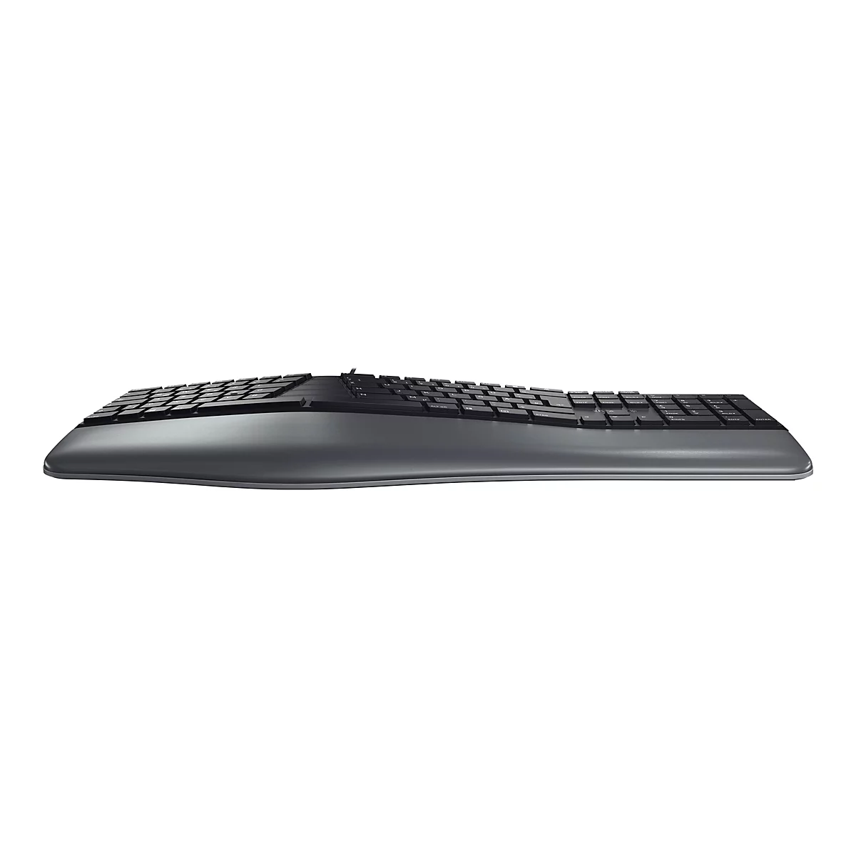 Ergonomische schwarze Tastatur mit geschwungener Form vor weiÃŸem Hintergrund.