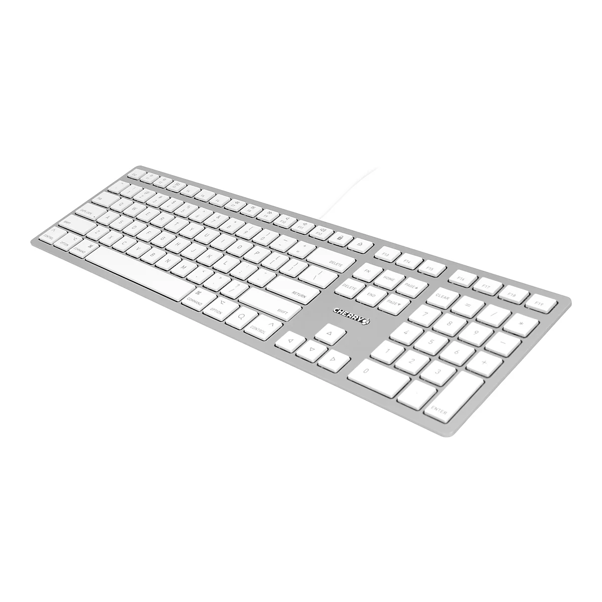 Graue Computertastatur mit weißen Tasten. Die Tastatur hat ein CHERRY Logo und ein angeschlossenes Kabel.
