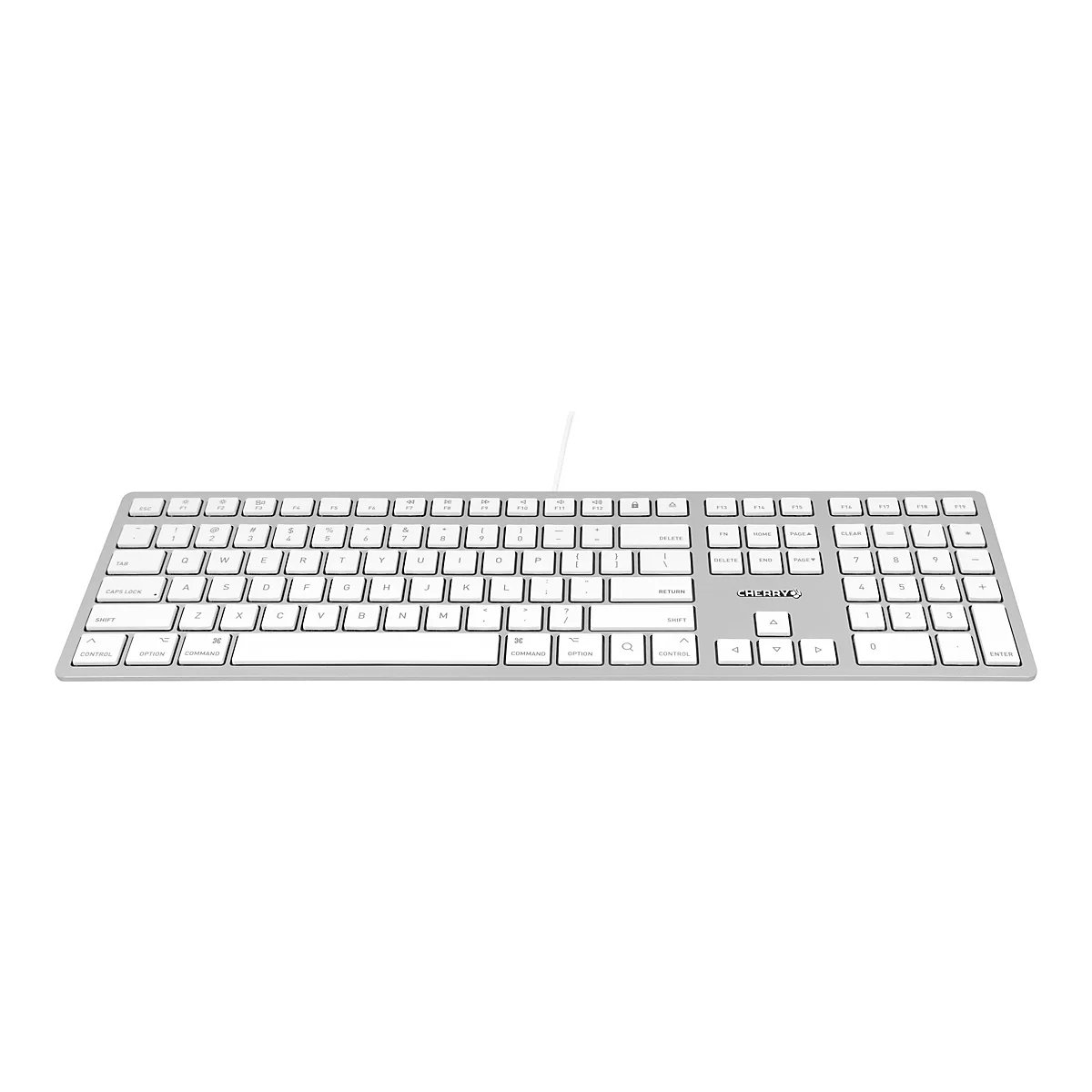 Silberne Tastatur, flache Tasten, Kabeleingang, weißer Hintergrund.