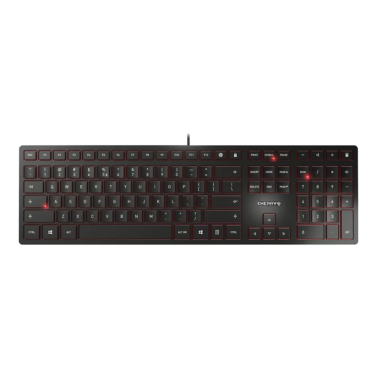 Schwarze Tastatur mit roten Umrissen und beleuchteten Tasten. Das Cherry-Logo ist sichtbar.
