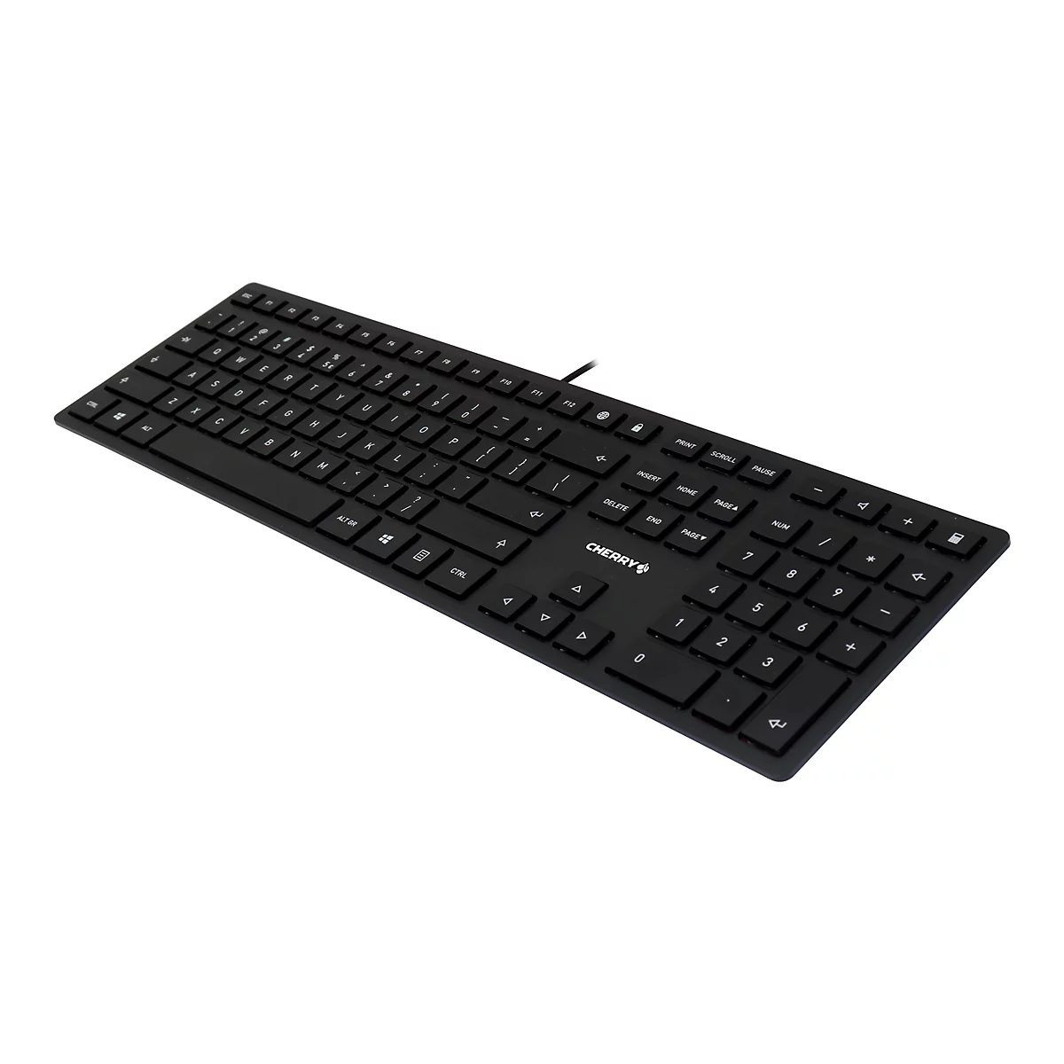Schwarze Tastatur mit CHERRY Logo auf weiÃŸem Hintergrund.
