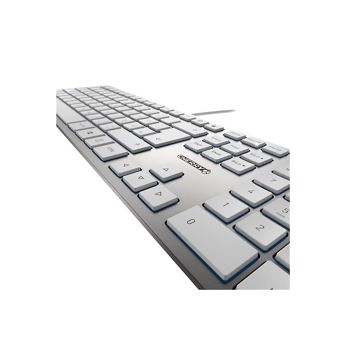 Silberne Computer-Tastatur mit weiÃŸen Tasten, Buchstaben und Zahlen. Die Marke CHERRY ist aufgedruckt.