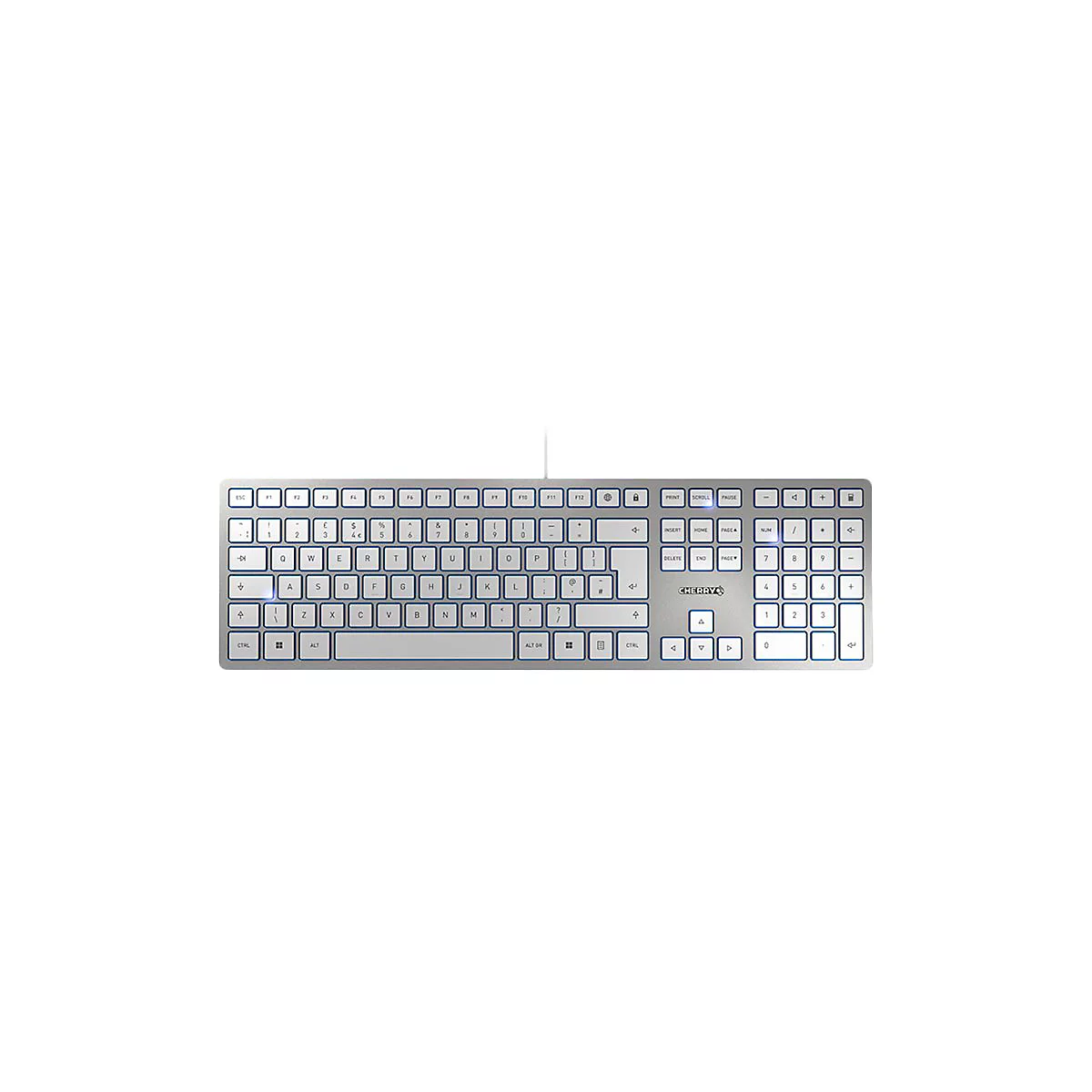 Silberne Tastatur mit beleuchteten Tasten. Das Cherry-Logo ist sichtbar.
