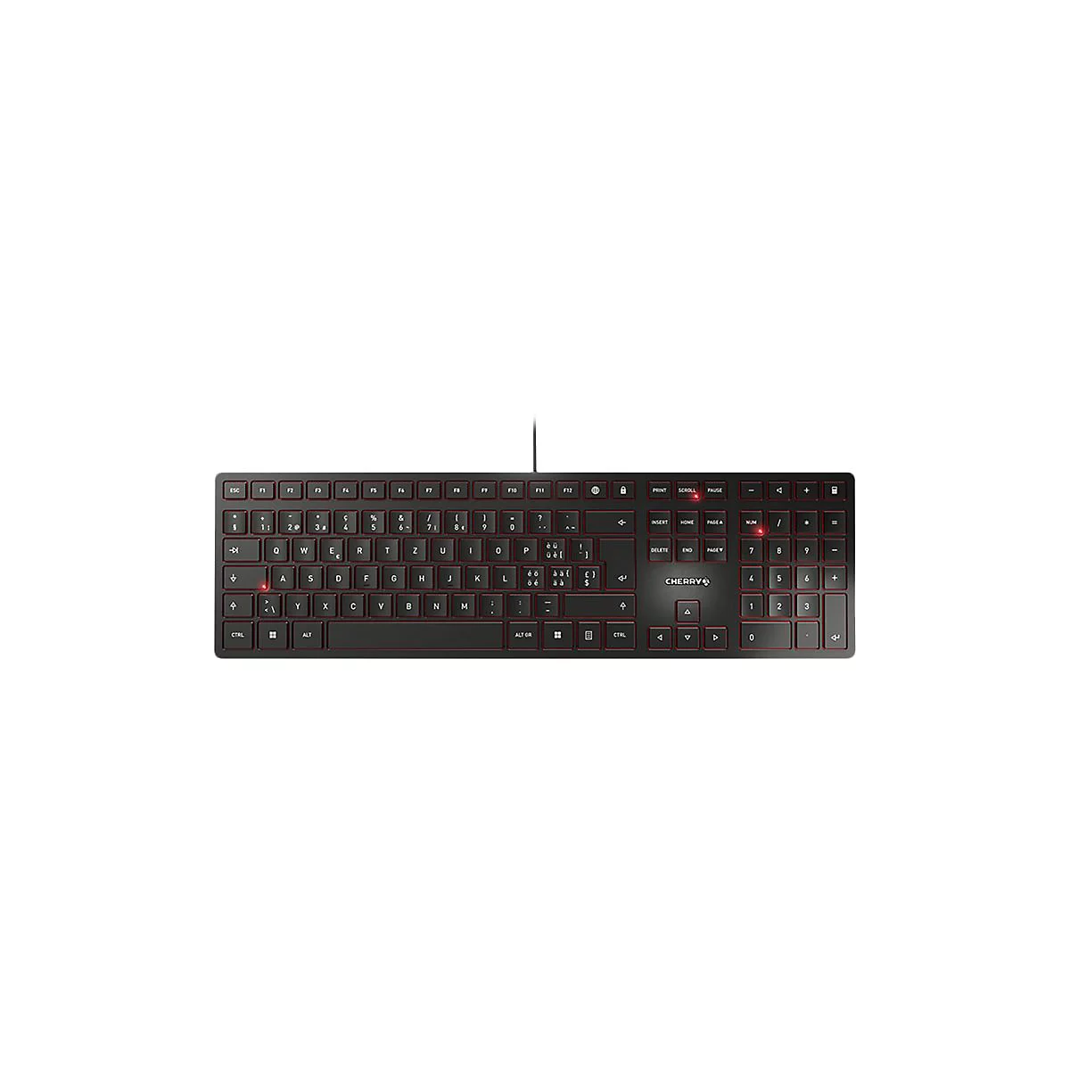 Clavier Cherry noir, lettrage rouge des touches. Le clavier est filaire et posé sur un fond blanc.
