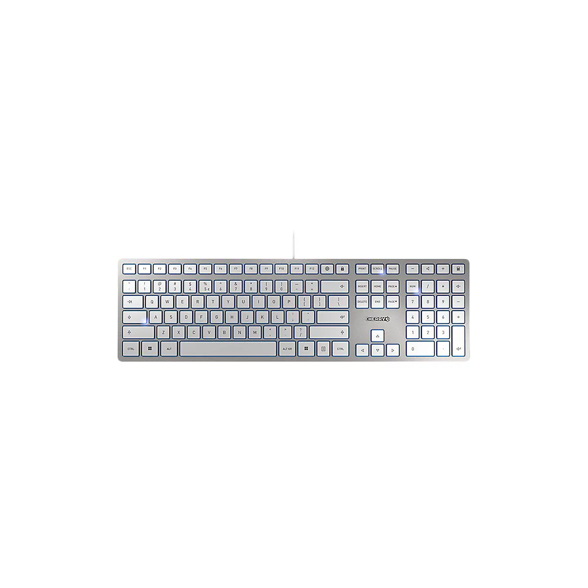 Silberne Tastatur mit blauer Beleuchtung und weiÃŸen Tasten. CHERRY-Logo.