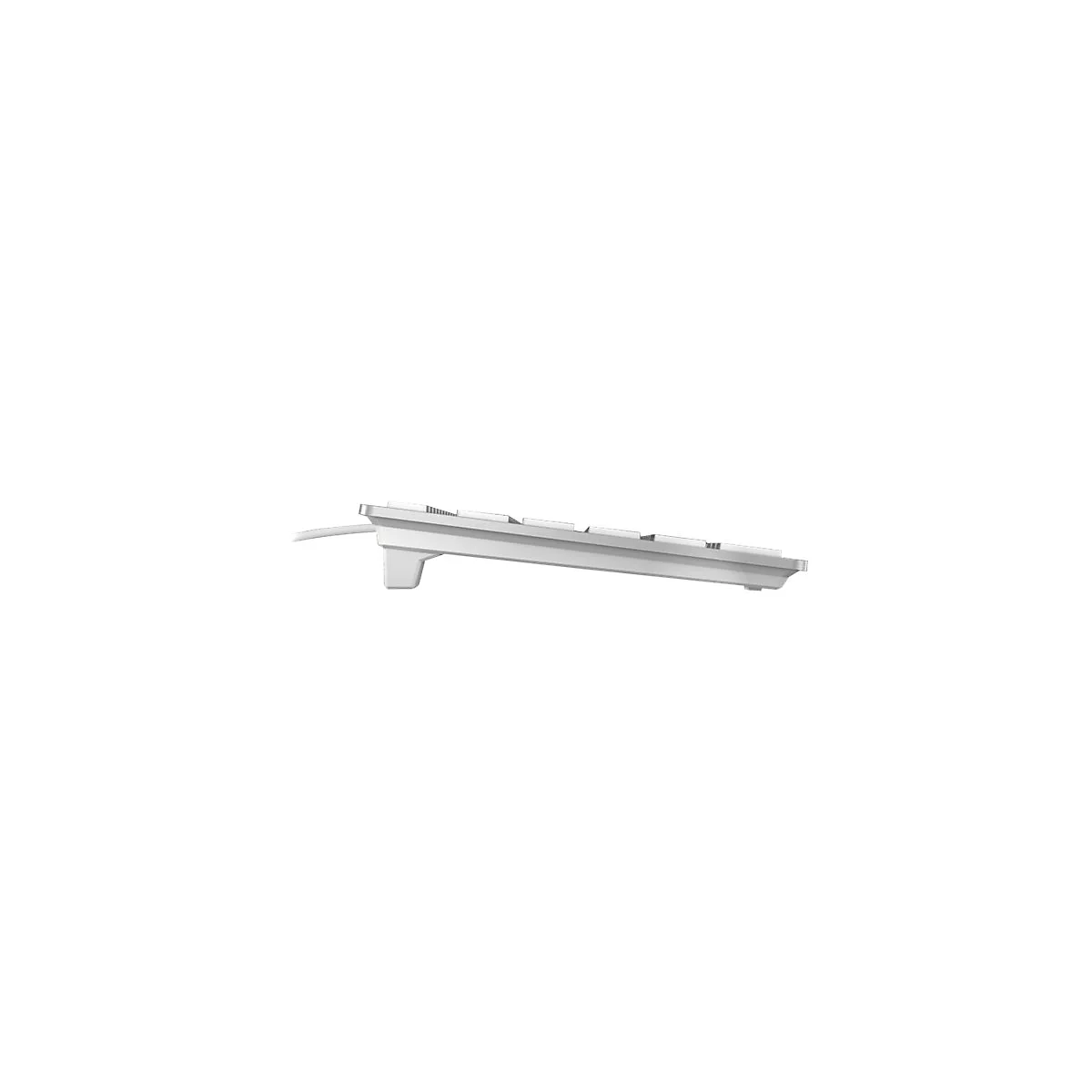 Ein weiÃŸes Computer-Keyboard im Seitenprofil, ein Kabel ragt aus dem GehÃ¤use.