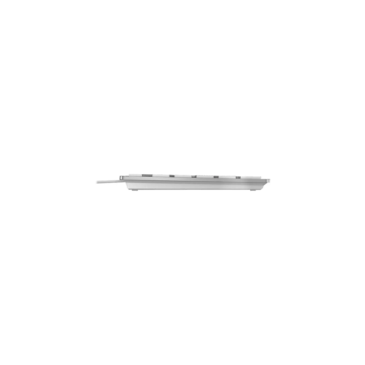 Seitenansicht einer weiÃŸen Tastatur mit silberfarbenem Rahmen, ein flacher Aufbau.