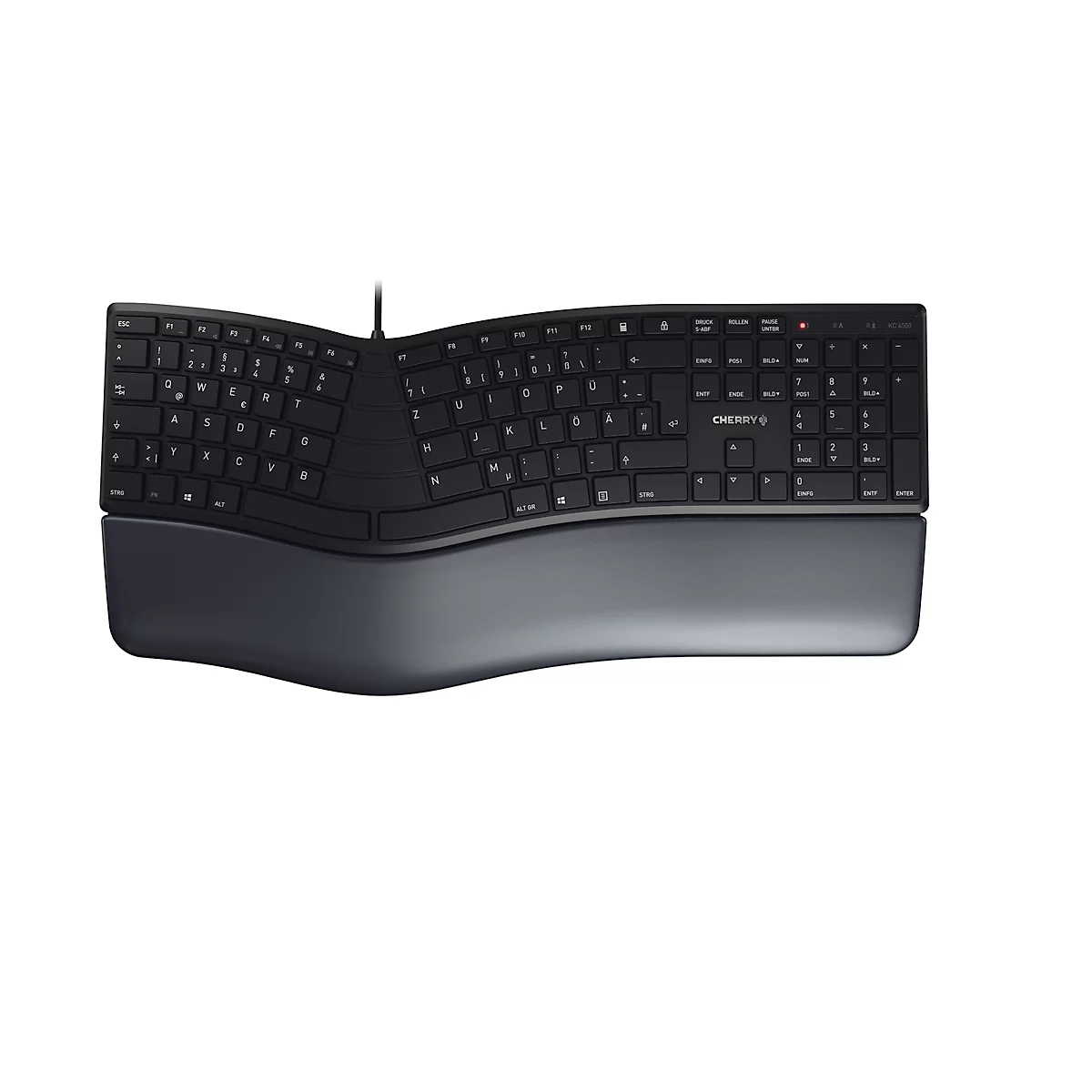 Cherry Keyboard KC 4500 ERGO, Duitse toetsenbordindeling, USB, ergonomisch gevormd, gevoerde handpalmsteun, kantelbaar, met USB-kabel, zwart