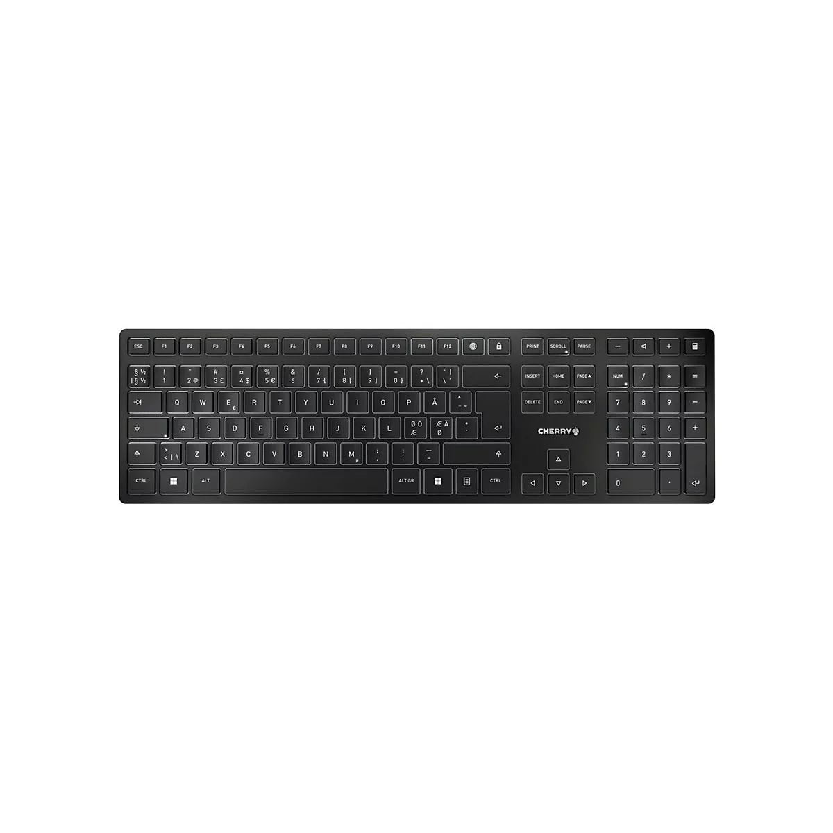 Draufsicht auf eine schwarze Cherry-Tastatur, Buchstaben und Zahlen sind weiß beschriftet.