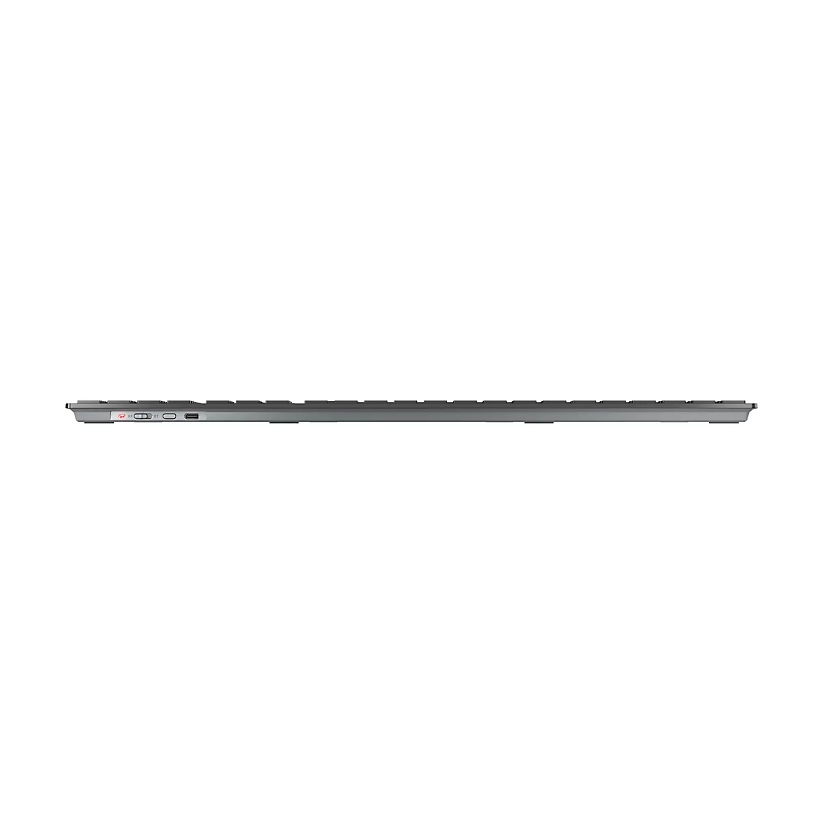 Draufsicht auf eine graue, flache Tastatur. An der Seite befinden sich Anschlüsse und Lichter.