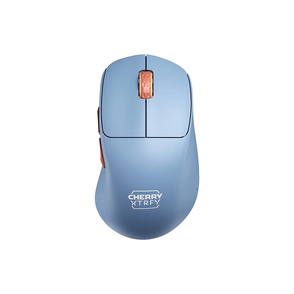 Souris d'ordinateur bleu clair, accents orange, logo du fabricant. Sur fond blanc.